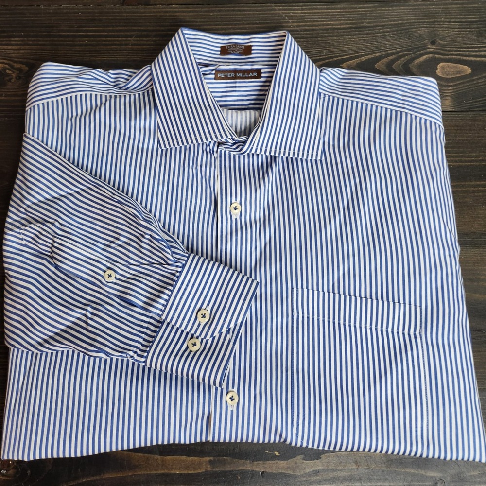 Peter Millar Pick Stitch Collection Spread Collar Striped Shirt Blue/White XL